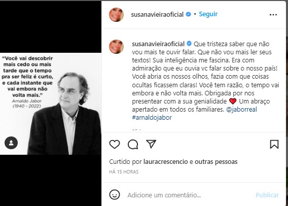 Susana Vieira homenageou Arnaldo Jabor nas redes sociais