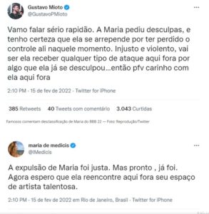 O cantor Gustavo Mioto e a diretora Maria de Medicis se solidarizaram com Maria (Foto: Reprodução / Twitter)