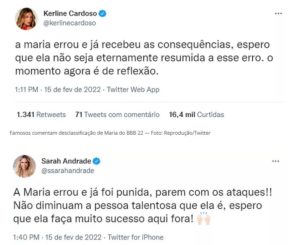 As ex-BBBs Kerline e Sarah também se manifestaram sobre a saída de Maria (Foto: Reprodução / Twitter)