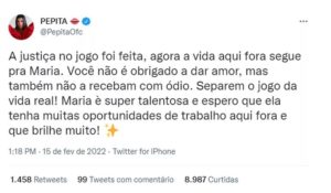 Pepita falou sobre o 'linchamento virtual' (Foto: Reprodução / Twitter)