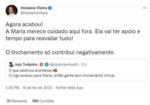 Jojo Todynho e a atriz Heslane Vieira se solidarizaram com Maria (Foto: Reprodução / Twitter)