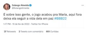 Solange Almeida falou sobre a repercussão da expulsão de Maria (Foto: Reprodução / Twitter)