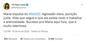 Fã do BBB22, Fernanda Paes Leme também se pronunciou (Foto: Reprodução / Twitter)