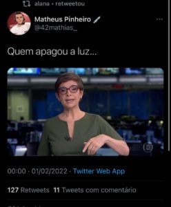 Apagão no BBB sobra até para Renata Lo Prete (Foto: Reprodução/Twitter)