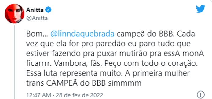 Anitta quer Linn Da Quebrada como campeã do BBB22 (Reprodução/ Twitter)