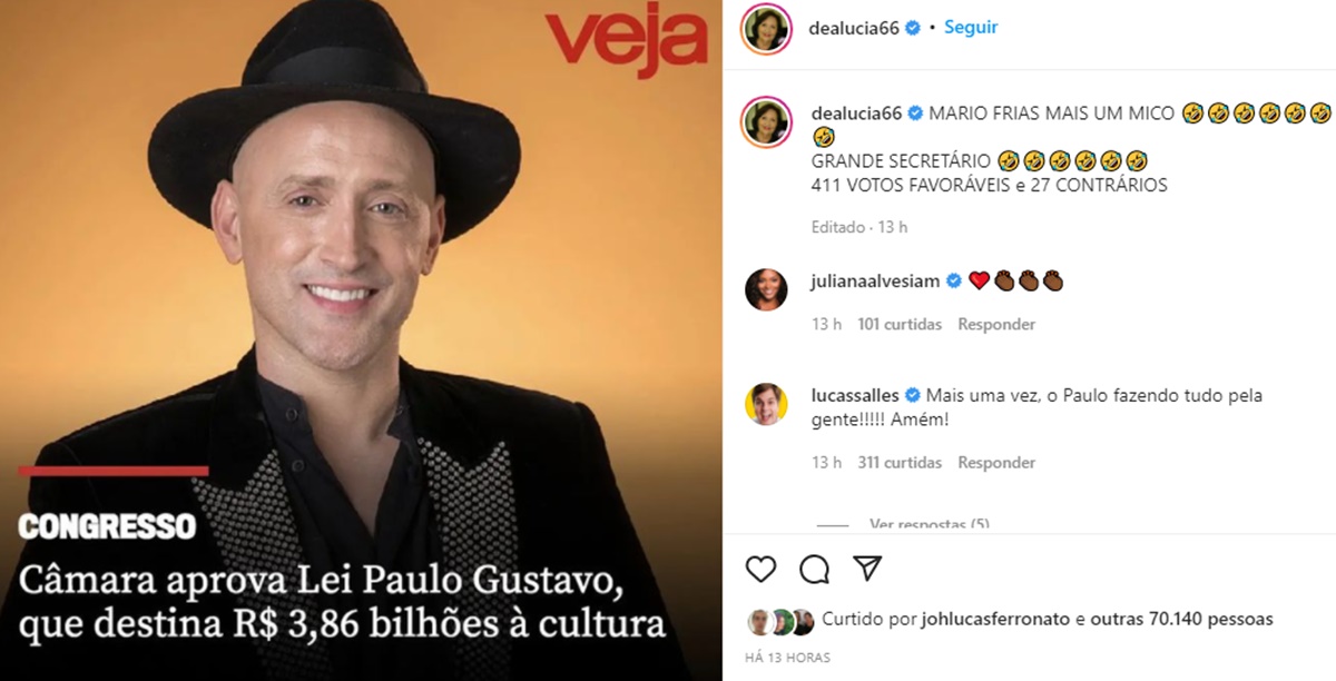 Publicação de Déa Lucia, mãe de Paulo Gustavo com aprovação esmagadora de Lei (Reprodução/ Instagram)