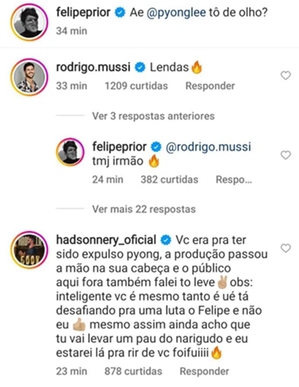 Hadson Nery dá esculachada em Pyong Lee em publicação de Felipe Prior (Reprodução/ Instagram)