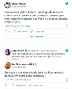 Internautas detonaram atitude de Jade Picon com as patrocinadoras do BBB22 (Foto: Reprodução / Twitter) 