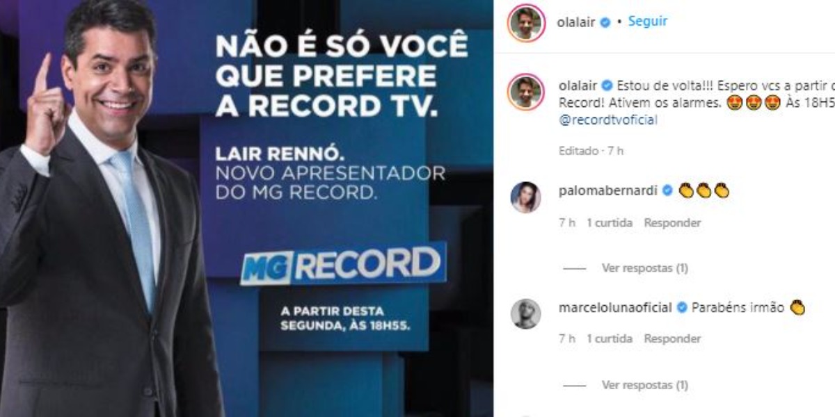 Lair Rennó apresentará o "MG Record" (Foto: Reprodução/Instagram)