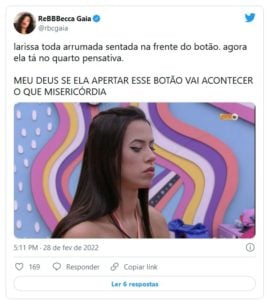 Larissa causou comoção na web ao encarar botão de desistência (Foto: Reprodução / Twitter)