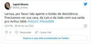 Larissa causou comoção na web ao encarar botão de desistência (Foto: Reprodução / Twitter)