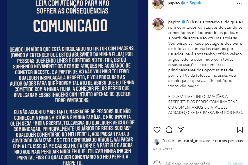 Ayrton Lima publicou comunicado oficial de aviso e desabafo em suas redes sociais (Reprodução/ Instagram)