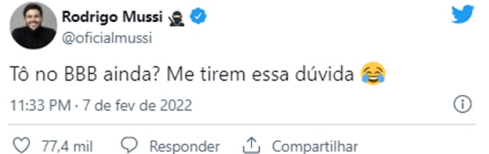 Rodrigo Mussi debocha dos ex-colegas que não param de falar dele no BBB22 (Reprodução/ Twitter)