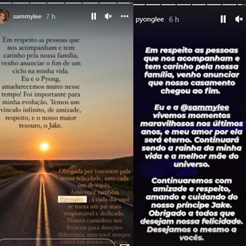 Os Stories de Sammy Lee e Pyong Lee sobre anuncio de término (Reprodução/ Montagem/ Instagram)