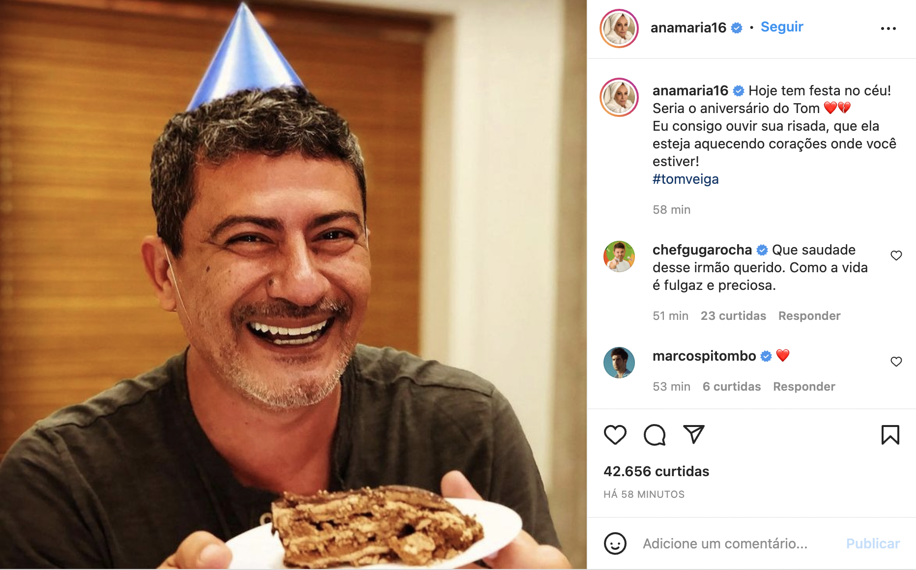 Ana Maria Braga relembrou Tom Veiga no Instagram