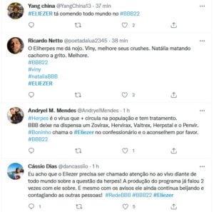 Internautas reagiram ao fato de Eliezer beijar Natália mesmo estando com herpes (Foto: Reprodução / Twitter)