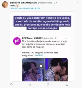 Internautas reagiram ao fato de Eliezer beijar Natália mesmo estando com herpes (Foto: Reprodução / Twitter)