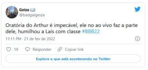 Web gostou do discurso de Arthur detonando Laís no BBB22 (Foto: Reprodução / Twitter)