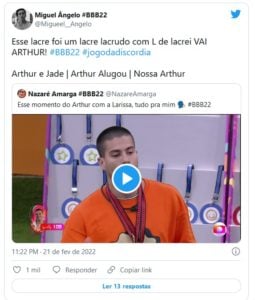 Web gostou do discurso de Arthur detonando Laís no BBB22 (Foto: Reprodução / Twitter)