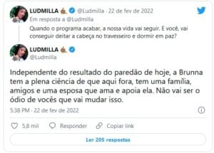  Ludmilla, desabafou sobre ataques que está recebendo por se posicionar a favor de Brunna Gonçalves no BBB22 (Foto: Reprodução / Twitter)