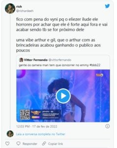 Web reagiu ao fato de Vyni ficar triste com Eliezer e Natália se 'pegando' (Foto: Reprodução / Twitter)