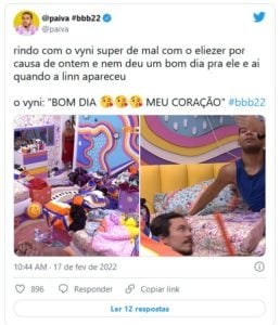 Web reagiu ao fato de Vyni ficar triste com Eliezer e Natália se 'pegando' (Foto: Reprodução / Twitter)