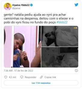 Web reagiu ao fato de Vyni ficar triste com Eliezer e Natália se 'pegando' (Foto: Reprodução / Twitter)