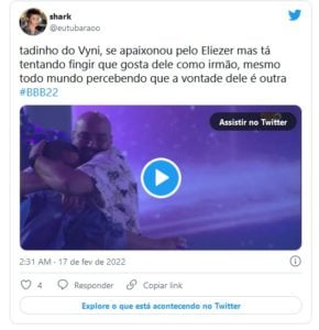 Web reagiu ao fato de Vyni ficar triste com Eliezer e Natália se 'pegando' (Foto: Reprodução / Twitter)