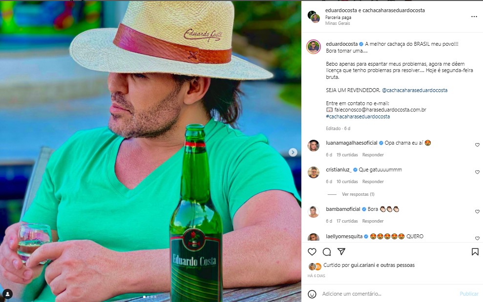 Eduardo Costa está divulgando sua marca de cachaça no Instagram