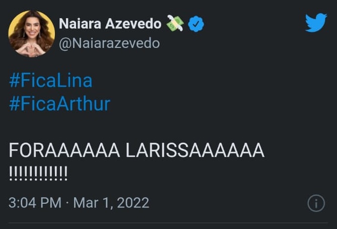 Naiara Azevedo pede eliminação de Larissa no BBB22 (Reprodução/ Twitter)