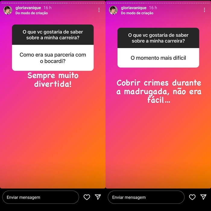 Glória Vanique falou sobre Bocardi e seu tempo de Globo nos stories