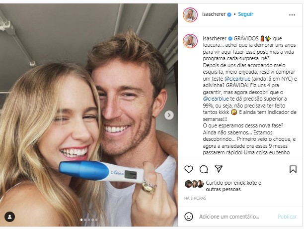 Isabela Scherer, filha do nadador Xuxa fez um texto para confirmar sua primeira gravidez