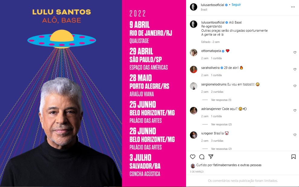 Lulu Santos anunciou nova turnê após cancelamento por surto de Covid