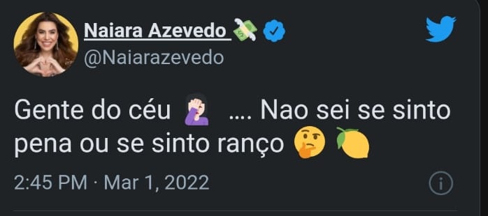 Naiara Azevedo rebate atitudes de Larissa no BBB22 (Reprodução/ Twitter)