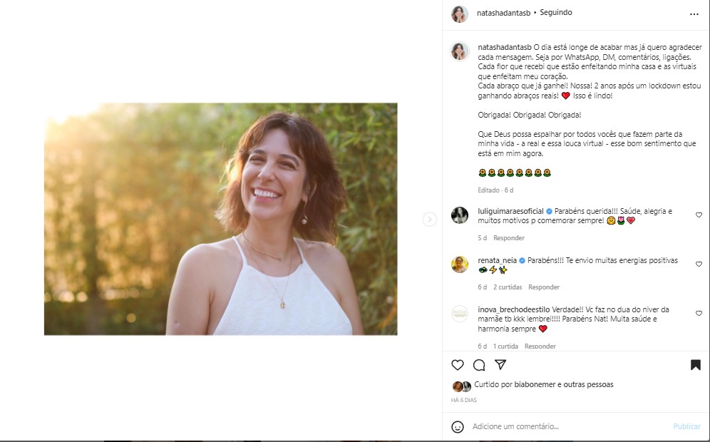 Natasha Dantas, esposa de Bonner agradeceu mensagens que recebeu em seu aniversário