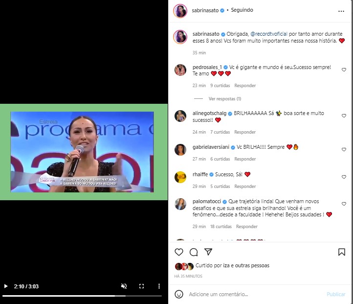 Sabrina Sato anunciou despedida da Record através de um vídeo do Instagram