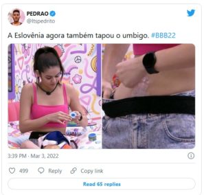 Jade Picon cobria o umbigo no início do BBB22 e agora é Eslovênia (Foto: Reprodução / Twitter)