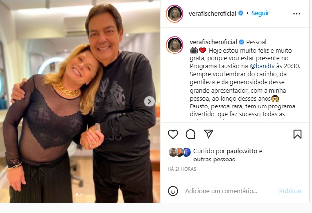 Vera Fischer posou com Faustão nos bastidores da Band