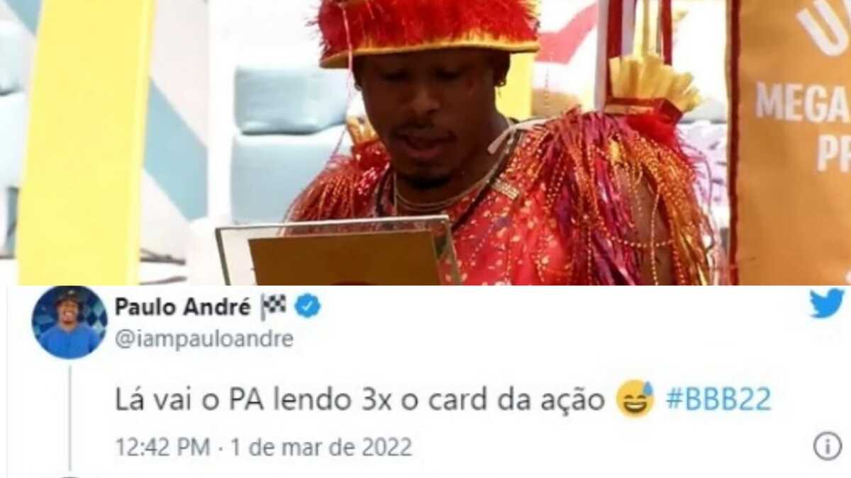 BBB22: Paulo André se atrapalhou para ler o card da ação patrocinada e foi zoado pelos próprios administradores (Foto: Reprodução)