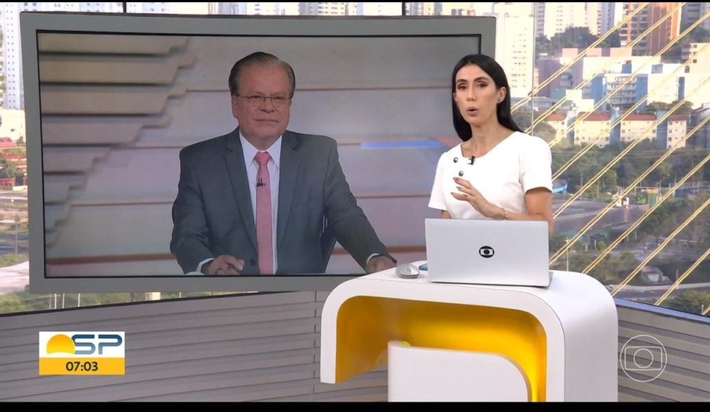 Chico Pinheiro e Michelle Barros, que está substituindo Bocardi no BDSP- Foto: Reprodução-Globo