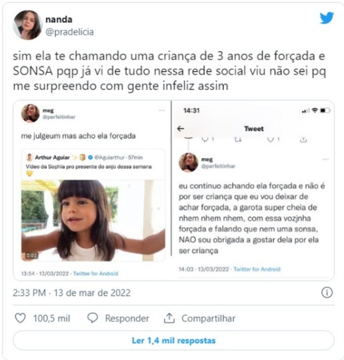 Print do post que atacou a filha de Maíra Cardi e Arthur Aguiar (Foto: Reprodução)