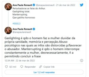 Ana Paula Renault criticou Arthur do BBB22 em sua rede social (Foto: Reprodução / Twitter)