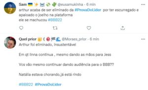 Artur Aguiar se machucou e foi desclassificado da prova do líder do BBB22; web se revoltou (Foto: Reprodução / Twitter)