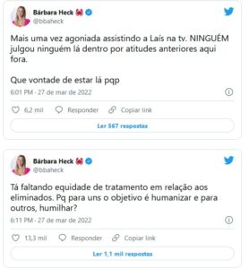 Bárbara Heck detonou Globo e defendeu Laís, última eliminada do BBB22 (Foto: Reprodução / Twitter)