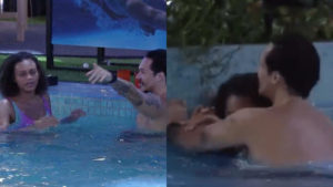 Eliezer Netto e Jessilane Alves na piscina do BBB22: brincadeira gerou revolta em internautas (Foto: Reprodução / Globoplay)