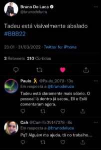 Internautas comentaram Tadeu no BBB22, devastado com o acidente de Rodrigo Mussi (Foto: Reprodução / Twitter)