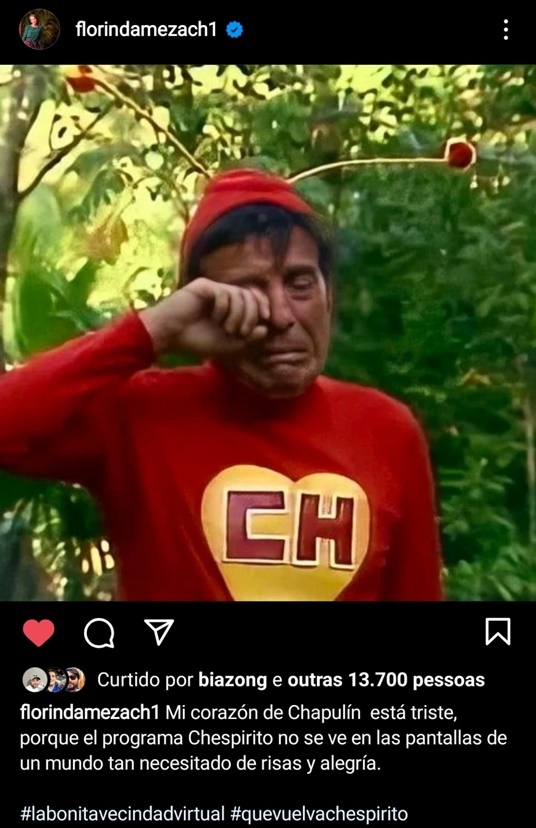 Florinda Meza posta foto do Chapolin chorando e deixa seu recado aos fãs 