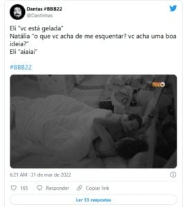 Internautas reagiram a noite quente de Eliezer e Natália no BBB22 (Foto: Reprodução / Twitter)