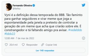 Fefito criticou Vyni no BBB22 (Foto: Reprodução / Twitter)