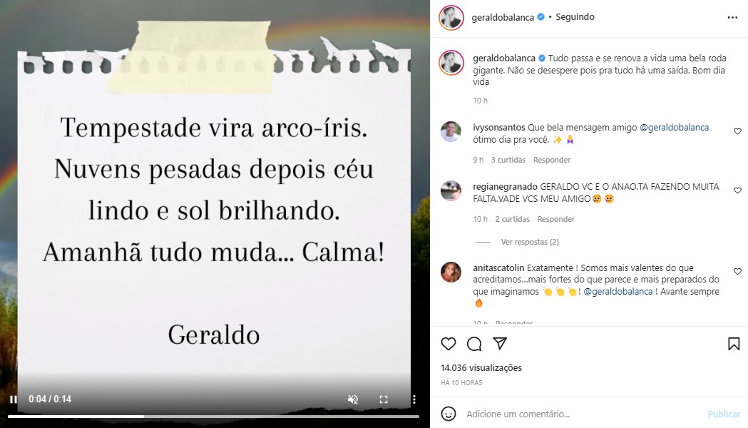 Geraldo Luís deixou mais uma mensagem reflexiva (Foto: Reprodução)